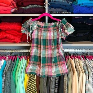 LOFT Pink & Green Plaid Off-Shoulder Tunic